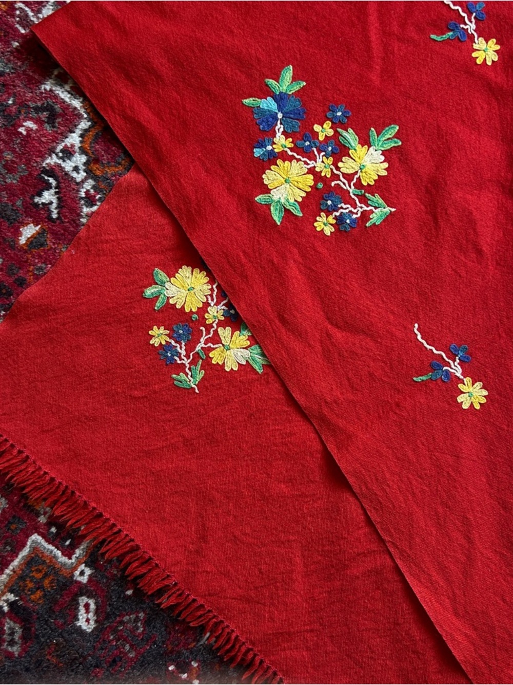 Vintage 1960’s Hand Embroidered Wool Floral Scarf